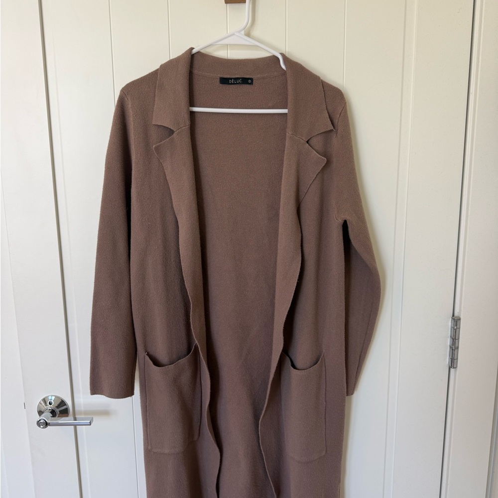 Deluc Long Open-Front Cardigan in Taupe Brown